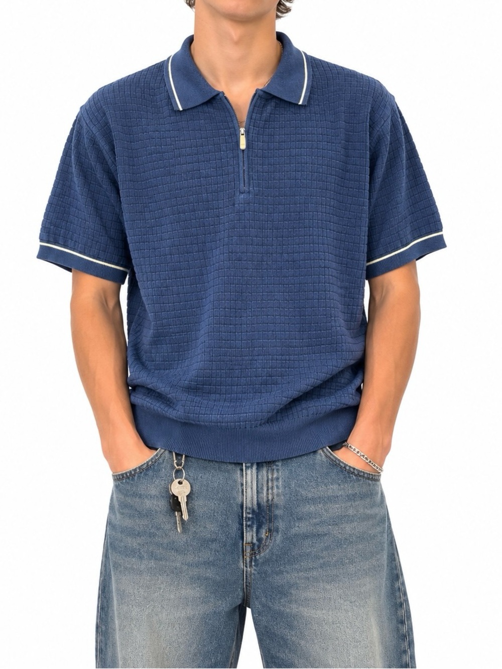 Navy blue quarter zip textured knit polo shirt by Thomas Sterling Men’s size XL